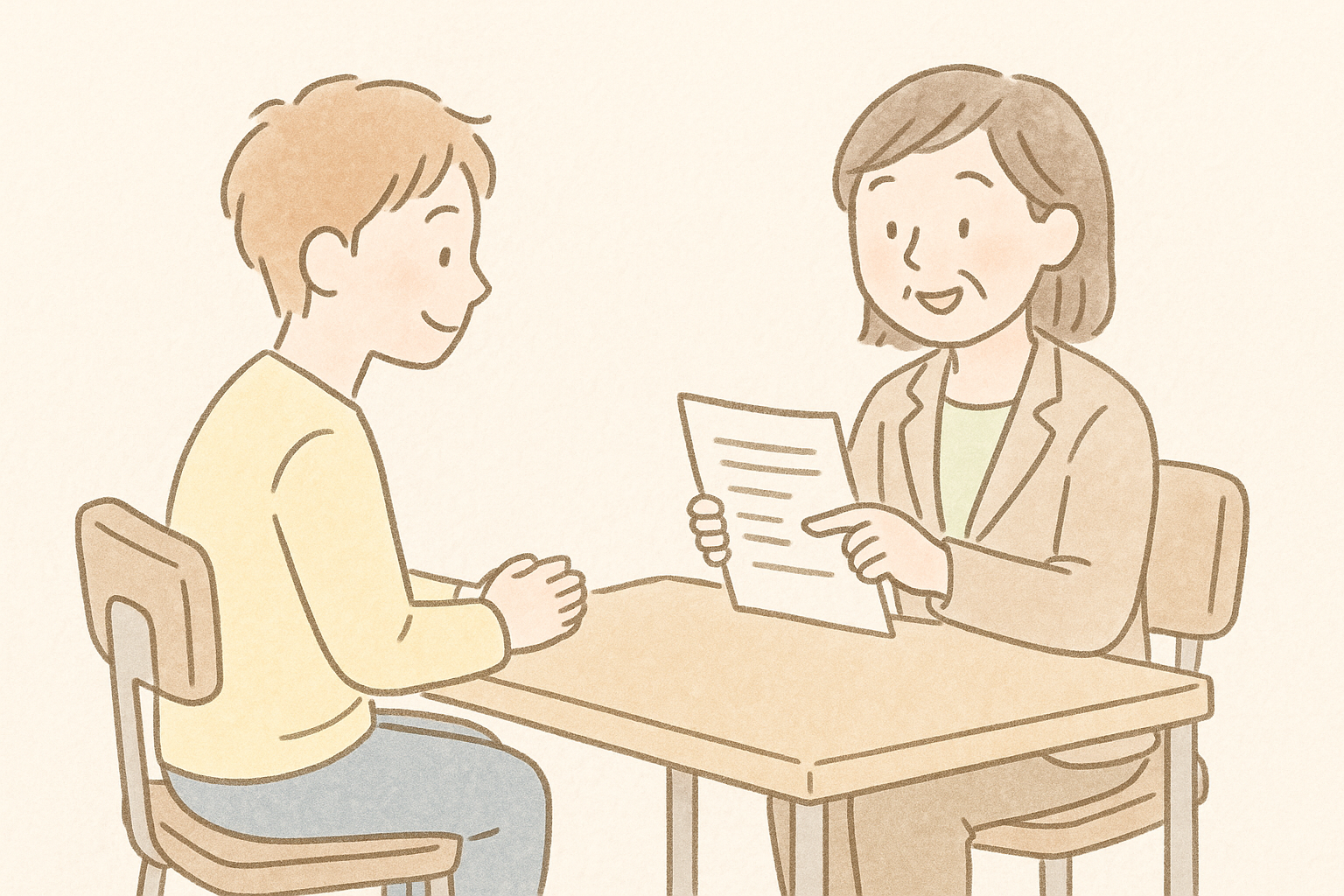 役所の福祉窓口で相談している若者と職員