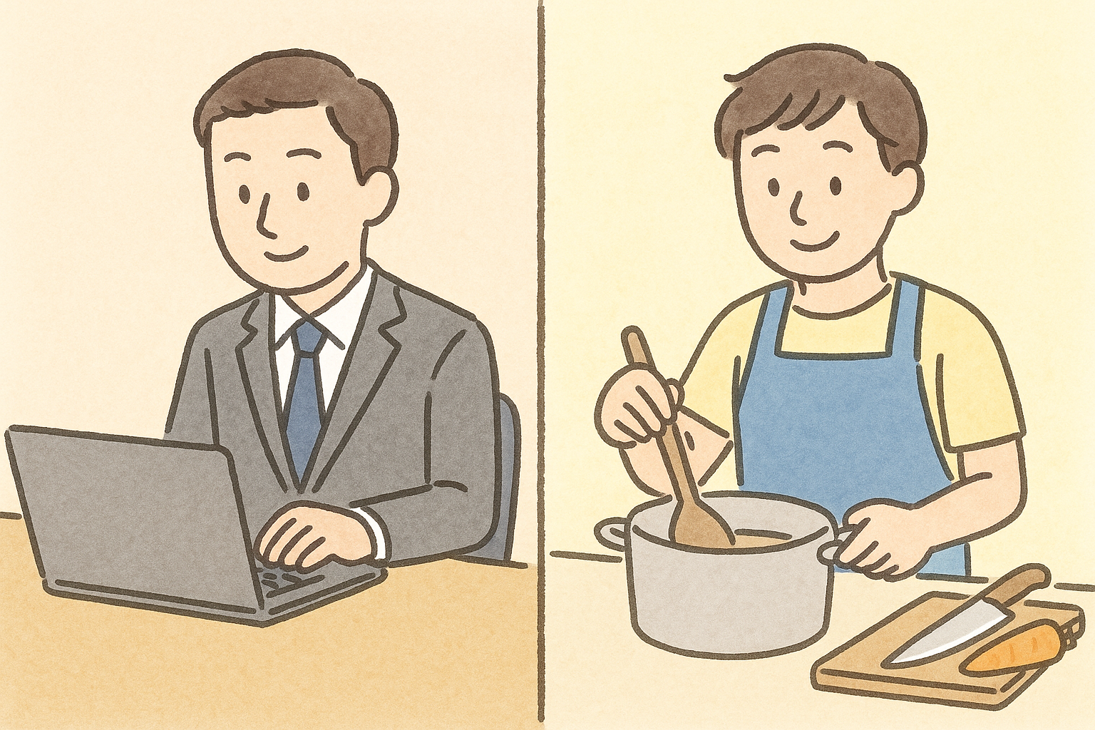 パソコンで事務作業をしている若者と、エプロンを着て調理を行う若者