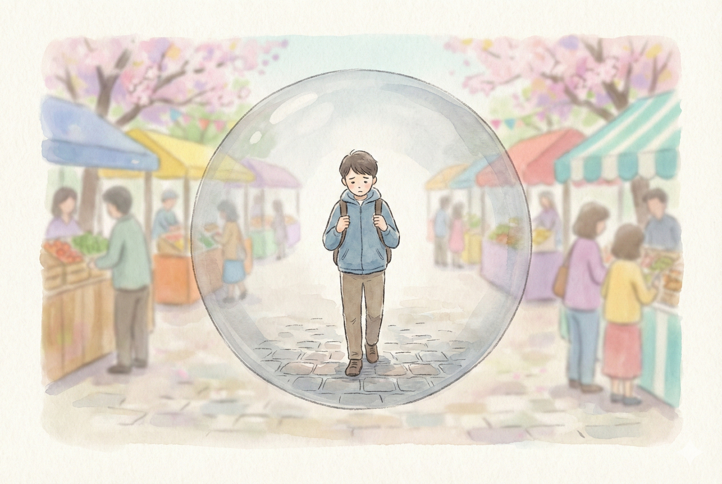 人目を避けて外出するひきこもりの人