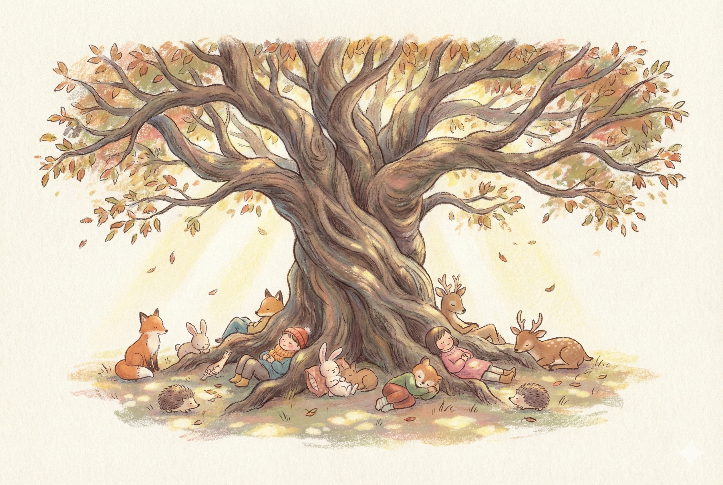 大きな木陰でくつろぐ人や動物たち